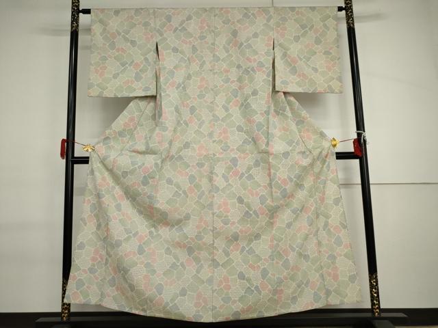 平和屋着物▽本塩沢 単衣 石畳文 正絹 逸品 AABI6155cs