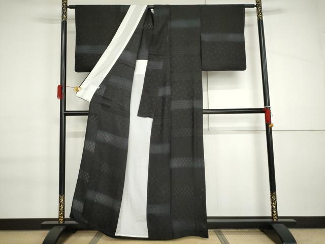 平和屋着物▽訪問着 単衣 粋人舎 源氏香横段文 暈し染め 黒地 反端付き 正絹 逸品 AABI6172cs