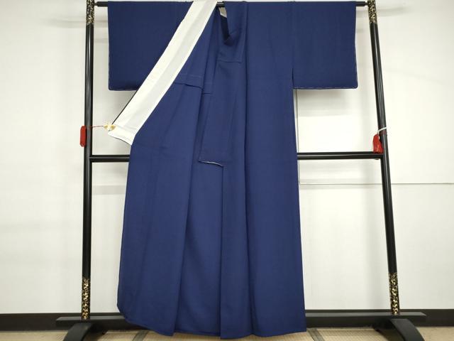 平和屋着物▽上質な色無地 単衣 あられ地紋 瑠璃紺色 正絹 逸品 AABI6179cs