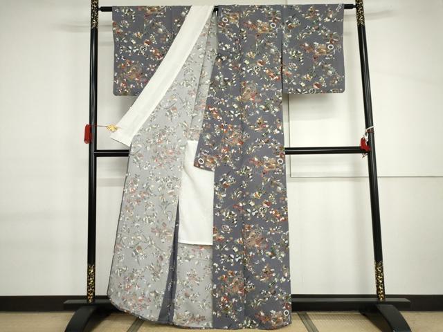 平和屋着物▽上質な小紋 単衣 草花文 鬼しぼ縮緬 正絹 逸品 AABI6185cs