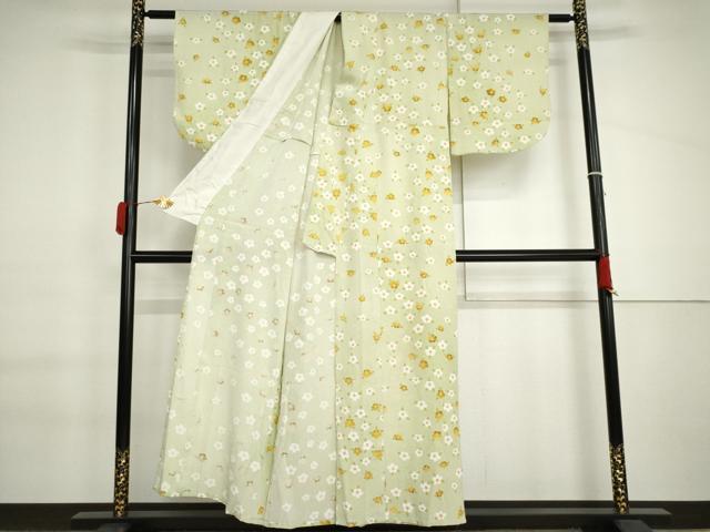 平和屋着物▽上質な小紋 単衣 草花文 椿 暈し染め 正絹 逸品 AABI6198cs
