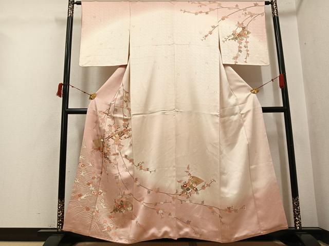 平和屋着物●十日町老舗ブランド 吉澤友禅 吾妻徳穂 訪問着 駒刺繍 舞扇枝花文 暈し染め 正絹 逸品 AABI6216ph