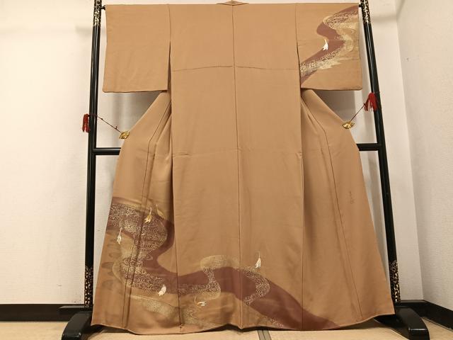平和屋着物●訪問着 佐賀錦 作家物 百合子 駒刺繍 流水群鳥文 金彩 正絹 逸品 AABI6219ph