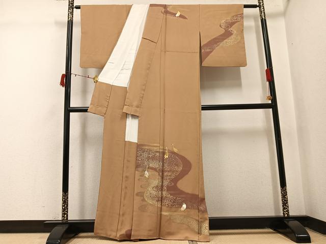 平和屋着物●訪問着 佐賀錦 作家物 百合子 駒刺繍 流水群鳥文 金彩 正絹 逸品 AABI6219ph