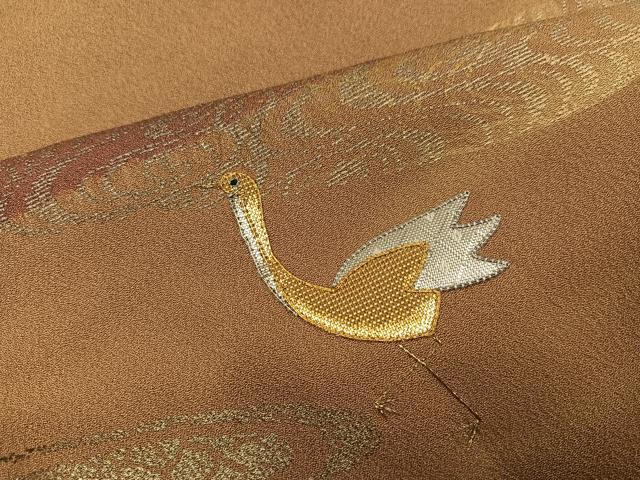 平和屋着物●訪問着 佐賀錦 作家物 百合子 駒刺繍 流水群鳥文 金彩 正絹 逸品 AABI6219ph