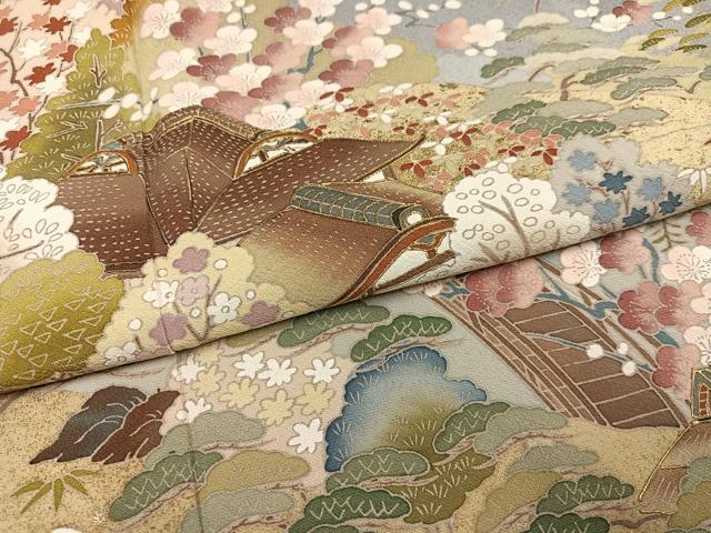 平和屋着物●豪華色留袖 友禅 作家物 駒刺繍 松竹梅風景文 金彩 正絹 逸品 AABI6221ph