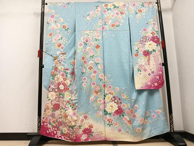 平和屋着物●豪華振袖 草花文 暈し染め 金銀彩 銀通し地 正絹 逸品 AABI6224ph