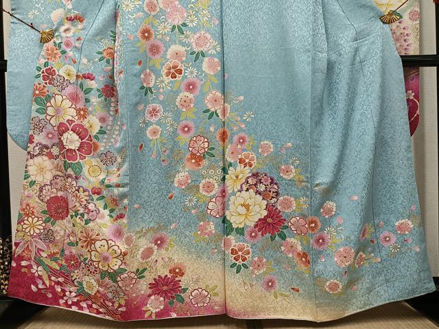 平和屋着物●豪華振袖 草花文 暈し染め 金銀彩 銀通し地 正絹 逸品 AABI6224ph