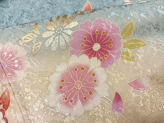 平和屋着物●豪華振袖 草花文 暈し染め 金銀彩 銀通し地 正絹 逸品 AABI6224ph