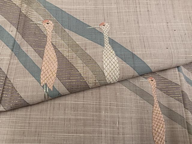 平和屋着物●訪問着 紬地 刺繍 群れ鶴 金彩 正絹 逸品 AABI6229ph