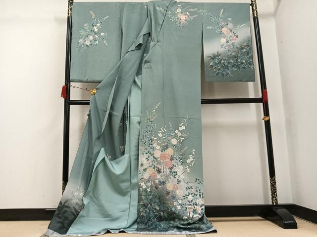平和屋着物●訪問着 鴛鴦枝花文 暈し染め 金彩 仮絵羽 正絹 逸品 未使用 AABI6230ph