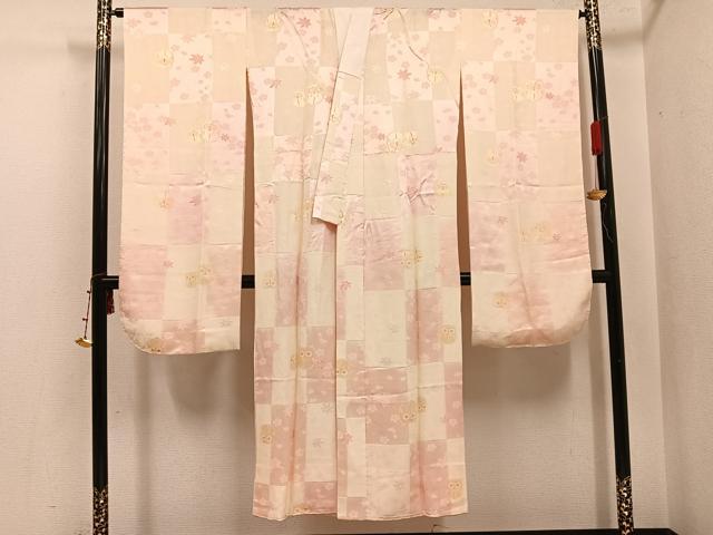 平和屋着物●振袖用長襦袢 無双仕立て 地紋起こし ミミズク 市松草花地紋 暈し染め 正絹 逸品 AABI6258ph