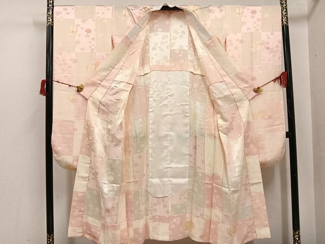 平和屋着物●振袖用長襦袢 無双仕立て 地紋起こし ミミズク 市松草花地紋 暈し染め 正絹 逸品 AABI6258ph