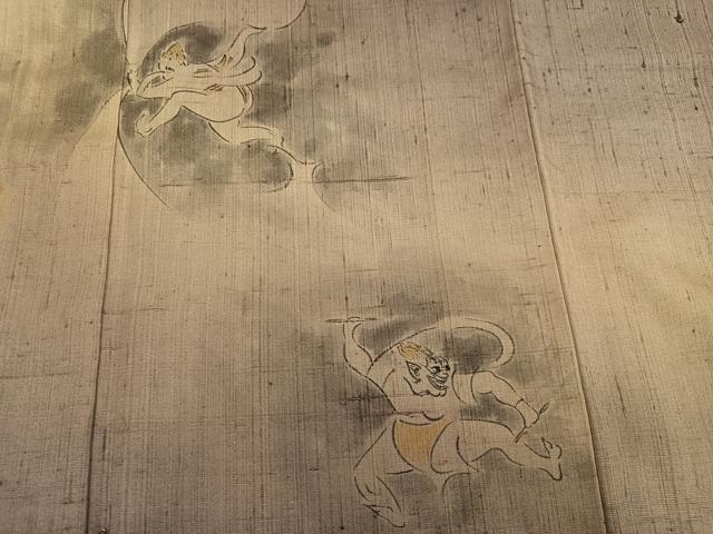 平和屋着物●訪問着 生紬 作家物 手描き 風神雷神 暈し染め 金彩 正絹 逸品 AABI6261ph