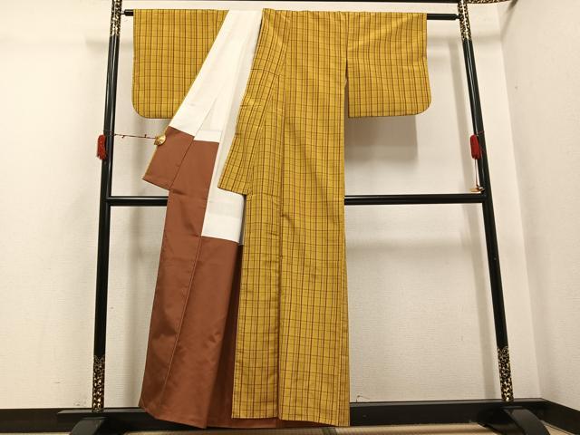 平和屋着物●黄八丈 紬 格子 正絹 逸品 AABI6262ph