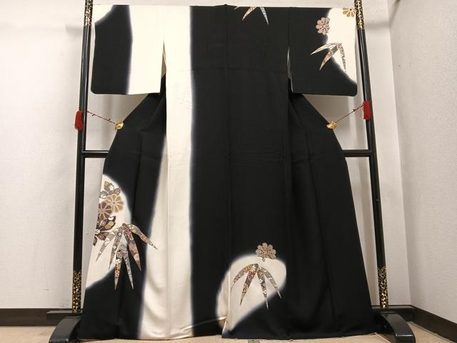 平和屋着物●訪問着 草花文 暈し染め 黒地 金彩 正絹 逸品 AABI6265ph