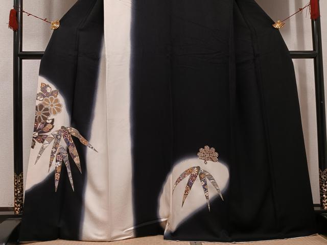 平和屋着物●訪問着 草花文 暈し染め 黒地 金彩 正絹 逸品 AABI6265ph