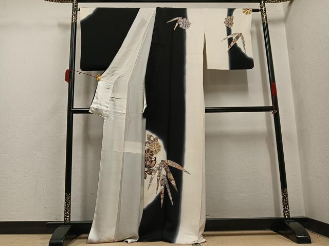平和屋着物●訪問着 草花文 暈し染め 黒地 金彩 正絹 逸品 AABI6265ph