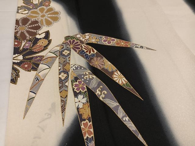 平和屋着物●訪問着 草花文 暈し染め 黒地 金彩 正絹 逸品 AABI6265ph