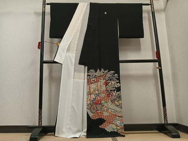 平和屋着物●本加賀友禅作家 奥原一就 黒留袖 松竹梅几帳風景文 正絹 逸品 AABI6282ph