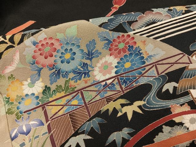 平和屋着物●本加賀友禅作家 奥原一就 黒留袖 松竹梅几帳風景文 正絹 逸品 AABI6282ph