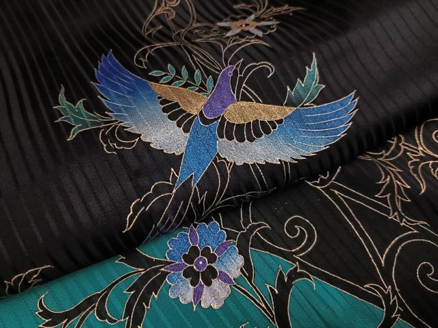 平和屋着物●染織作家 染織デザイナー 大島明 訪問着 花鳥唐草文 黒地 金銀彩 正絹 逸品 AABI6283ph
