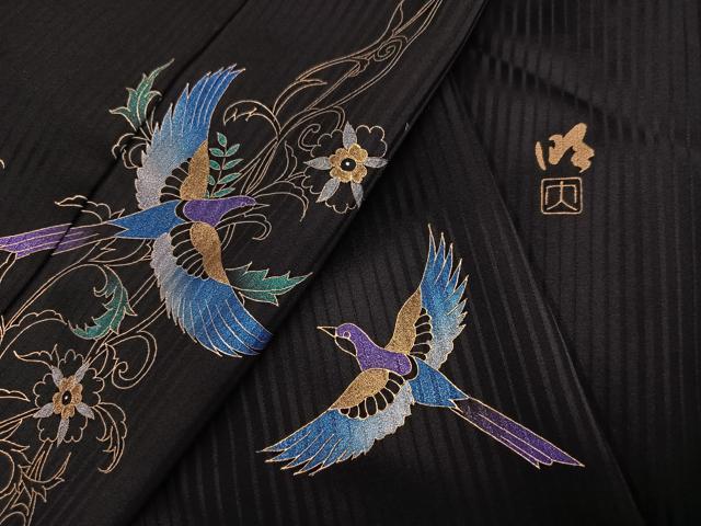 平和屋着物●染織作家 染織デザイナー 大島明 訪問着 花鳥唐草文 黒地 金銀彩 正絹 逸品 AABI6283ph