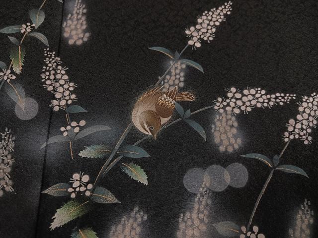 平和屋着物●和紙染染色作家・植村彩弘 訪問着 雀草花文 暈し染め 黒地 金彩 やまと誂製 正絹 逸品 AABI6284ph