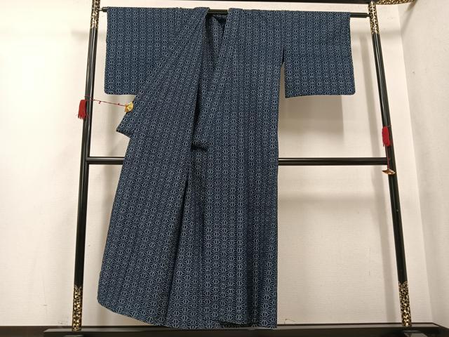 平和屋着物●久留米絣 単衣 麻の葉文様 綿 逸品 AABI6303ph