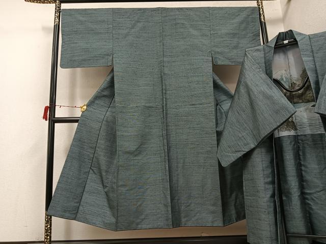 平和屋着物●男性 紬 アンサンブル 色無地 山鳩色 正絹 逸品 AABI6307ph