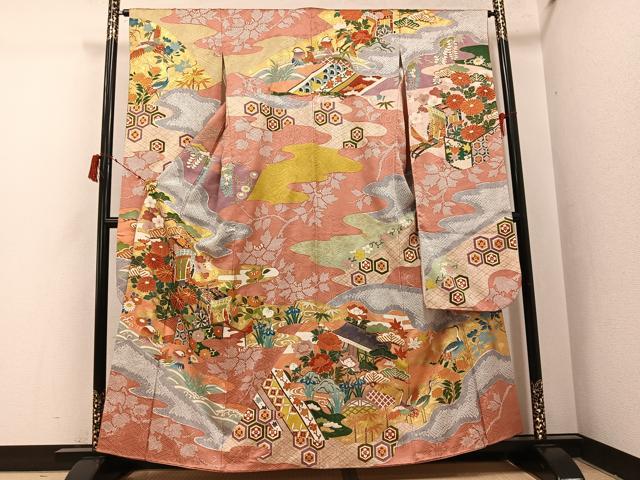 平和屋着物●豪華振袖 絞り 鴛鴦群れ鶴御所車草花文 金彩 正絹 逸品 AABI6331ph