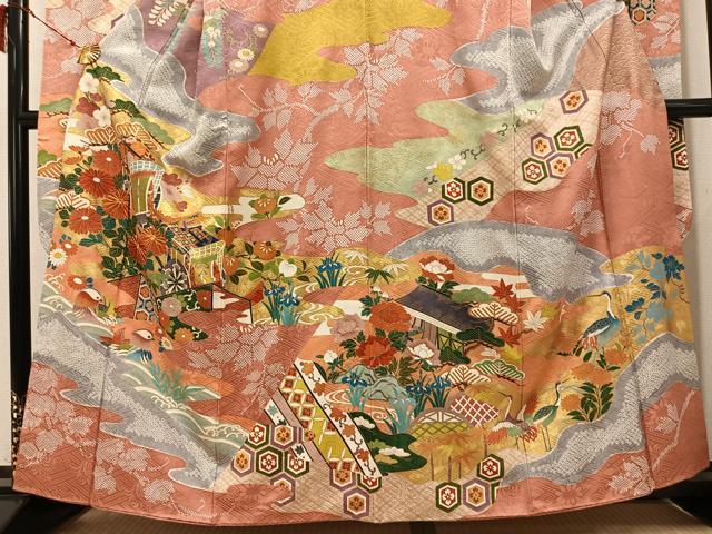 平和屋着物●豪華振袖 絞り 鴛鴦群れ鶴御所車草花文 金彩 正絹 逸品 AABI6331ph