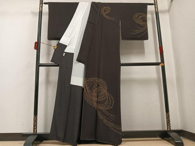 平和屋着物●訪問着 刺繍 草木文 赤墨色 金彩 正絹 逸品 未使用 AABI6353ph