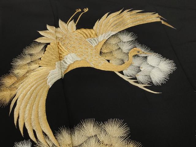 平和屋着物■豪華黒留袖 刺繍 飛鶴松文 金糸 正絹 逸品 AABI6427st