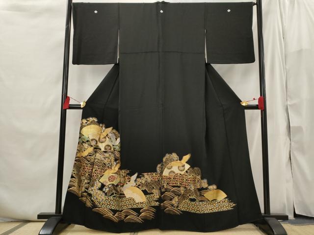 平和屋着物■豪華黒留袖 駒刺繍 地紙飛鶴花文 金銀彩 正絹 逸品 AABI6428st