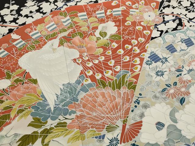 平和屋着物■豪華黒留袖 扇面花鳥文 正絹 逸品 AABI6429st