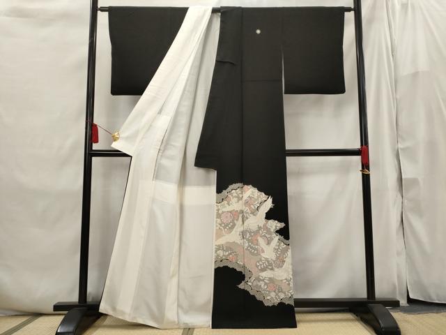 平和屋着物■豪華黒留袖 駒刺繍 飛鶴花文 正絹 逸品 AABI6435st