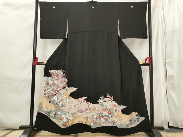 平和屋着物■豪華黒留袖 友禅 流水花鳥文 金彩 正絹 逸品 AABI6448st