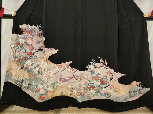 平和屋着物■豪華黒留袖 友禅 流水花鳥文 金彩 正絹 逸品 AABI6448st