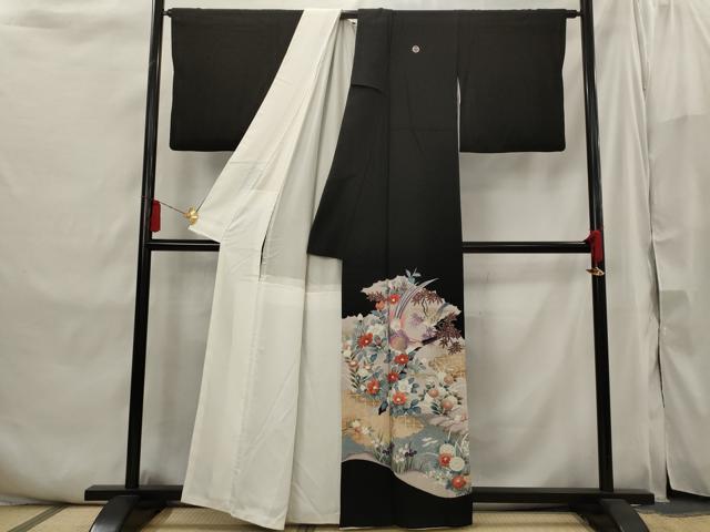 平和屋着物■豪華黒留袖 友禅 流水花鳥文 金彩 正絹 逸品 AABI6448st