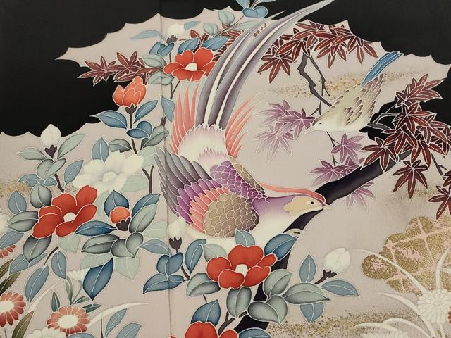 平和屋着物■豪華黒留袖 友禅 流水花鳥文 金彩 正絹 逸品 AABI6448st
