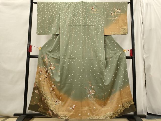 平和屋着物■訪問着 駒刺繍 地紙花文 暈し染め 金彩 正絹 逸品 AABI6456st