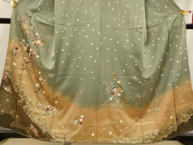 平和屋着物■訪問着 駒刺繍 地紙花文 暈し染め 金彩 正絹 逸品 AABI6456st
