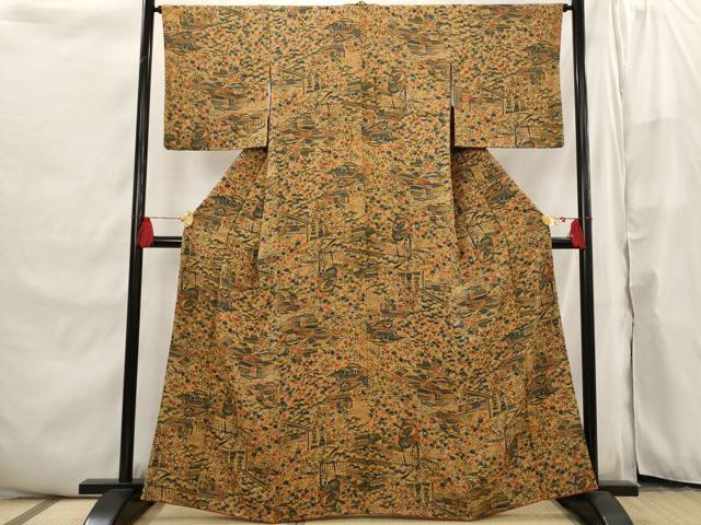 平和屋着物□上質な小紋 型染め 風景文 鬼しぼ縮緬 正絹 逸品
