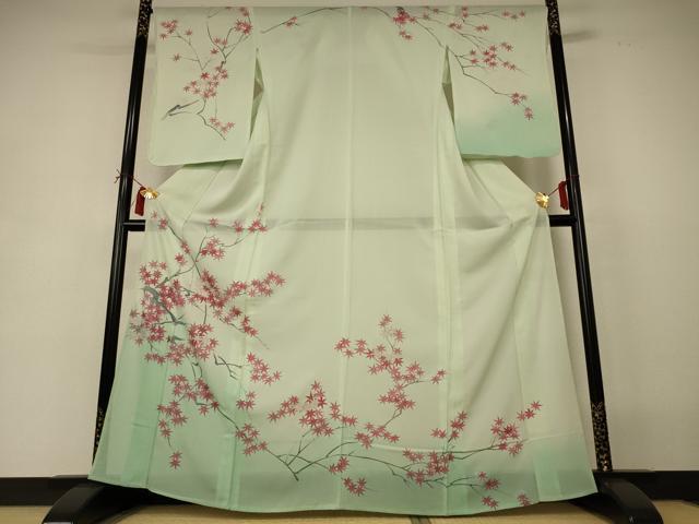 平和屋着物*夏物 訪問着 絽 手描き 楓文 暈し染め 銀彩 正絹 逸品 AABI6581jd