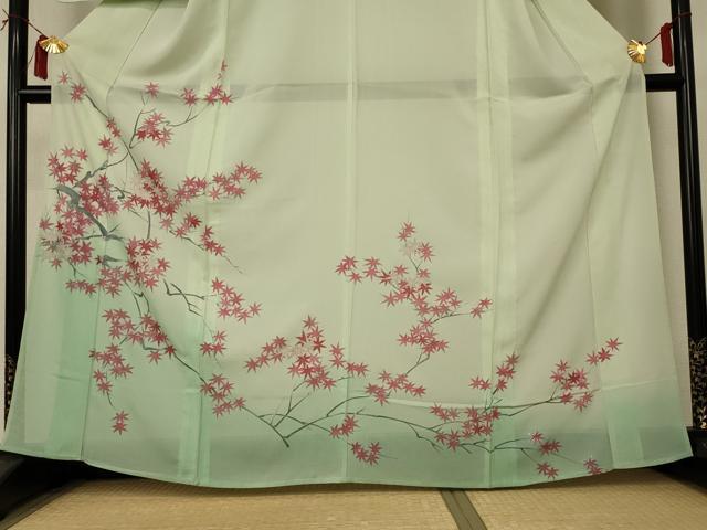 平和屋着物*夏物 訪問着 絽 手描き 楓文 暈し染め 銀彩 正絹 逸品 AABI6581jd