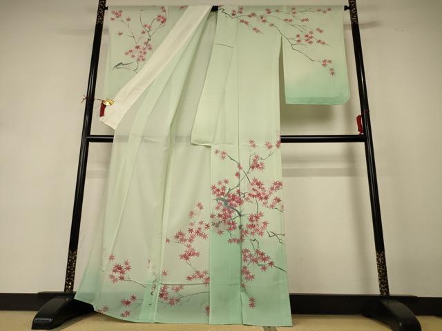 平和屋着物*夏物 訪問着 絽 手描き 楓文 暈し染め 銀彩 正絹 逸品 AABI6581jd