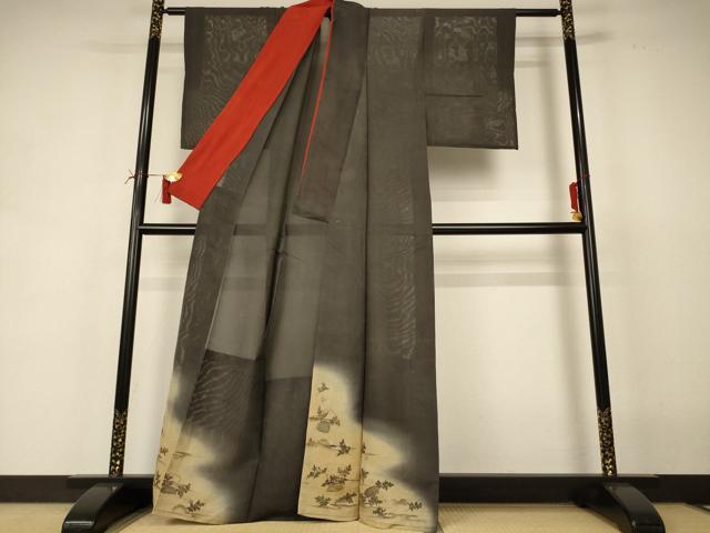 平和屋着物*夏物 アンティーク 大正ロマン 黒留袖 絽 駒刺繍 風景文 暈し染め 正絹 逸品 AABI6606jd