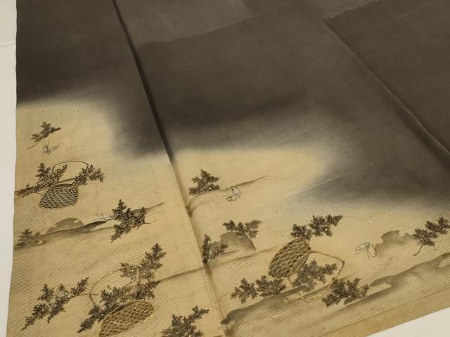 平和屋着物*夏物 アンティーク 大正ロマン 黒留袖 絽 駒刺繍 風景文 暈し染め 正絹 逸品 AABI6606jd