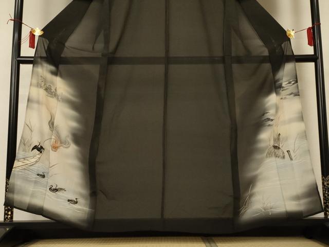 平和屋着物*夏物 アンティーク 大正ロマン 黒留袖 絽 刺繍 鵜飼 暈し染め 正絹 逸品 AABI6611jd